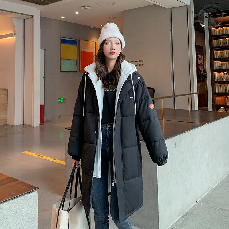 105923-拉夏贝尔棉服女中长款2021年新款假两件保暖面包服女冬装棉衣 黑色 M-详情图