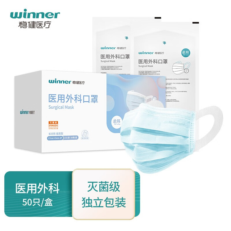 口罩价格走势,稳健医用口罩无菌级一次性柔耳口罩独立包装50只满足需求!