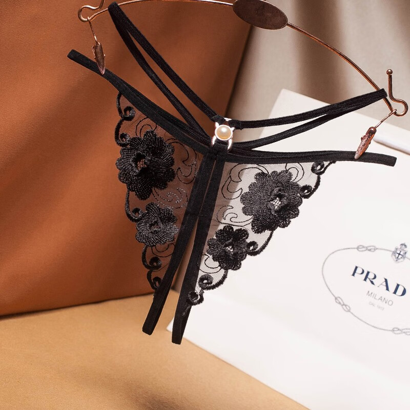 媚の火 女式蕾丝内裤女性感丁字裤透明无痕低腰内衣 黑色 均码(腰围1.