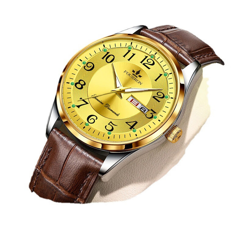 纯灿fourron手表数字夜光皮带石英表学生双日历商务男士电子手表 金面