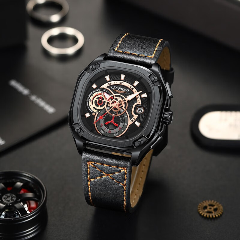 列奥尼达(leonidas)2024新款手表男士真皮带石英表名牌方形运动防水
