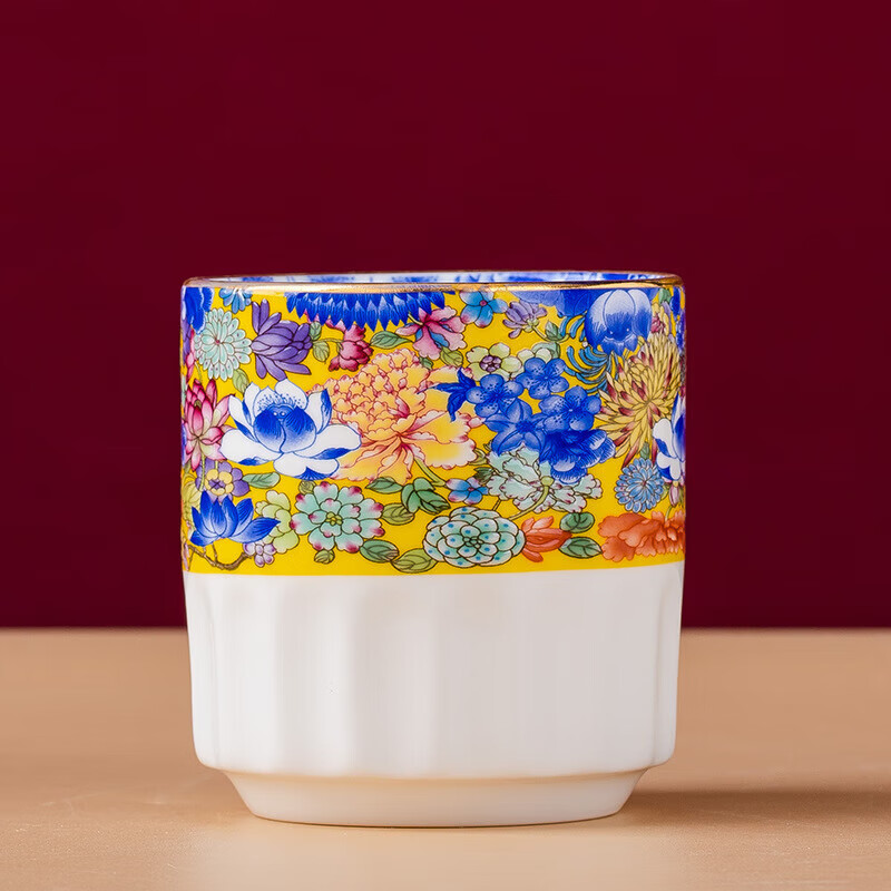 陶瓷斗彩茶水杯家用办公用酒店宴席用喝茶喝酒文艺创 斗彩·万花争艳