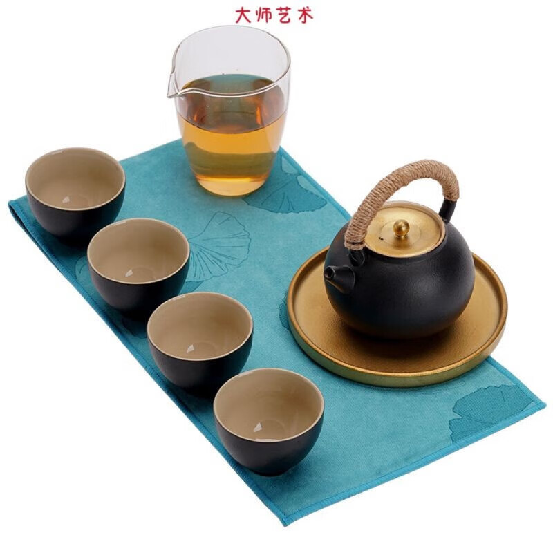 龙帝凤家居大器之才茶道大师艺术高端黑陶提梁壶功夫茶具一壶四杯便携
