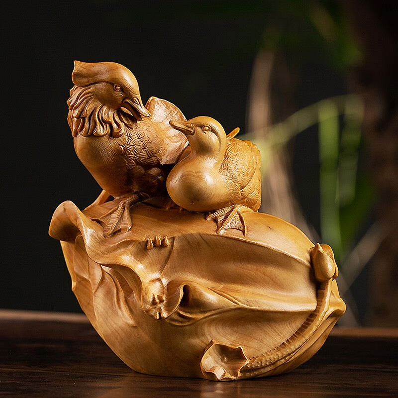 乐清黄杨木雕实木雕刻手把件鸳鸯喜荷动物中式家居装饰工艺品摆件