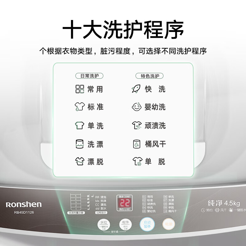 容声（Ronshen）波轮洗衣机全自动4.5公斤 迷你小型家用母婴幼儿童内衣洗 22分钟快洗 RB45D1126 以旧换新