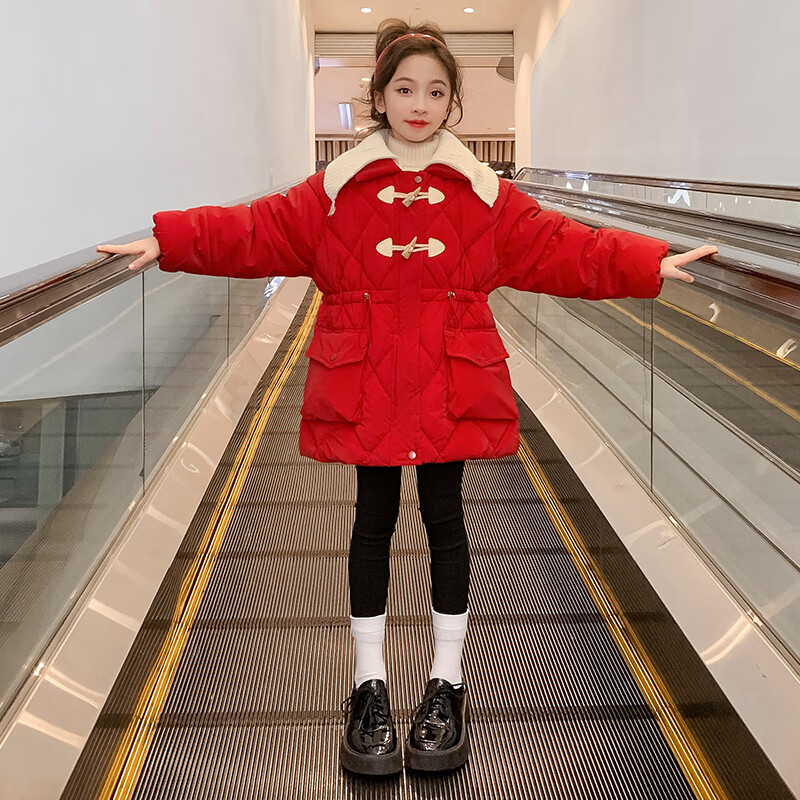童羽绒服女孩中长款女童棉服冬装韩版儿童装羽绒棉衣喜庆拜年服 红色