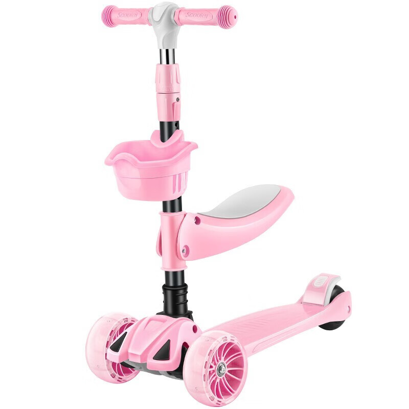 儿童滑板车2-3-6岁可滑可坐踏板车大童二合一多功能可折叠滑滑车六一礼物  5CM大轮粉色带灯光音乐+座椅