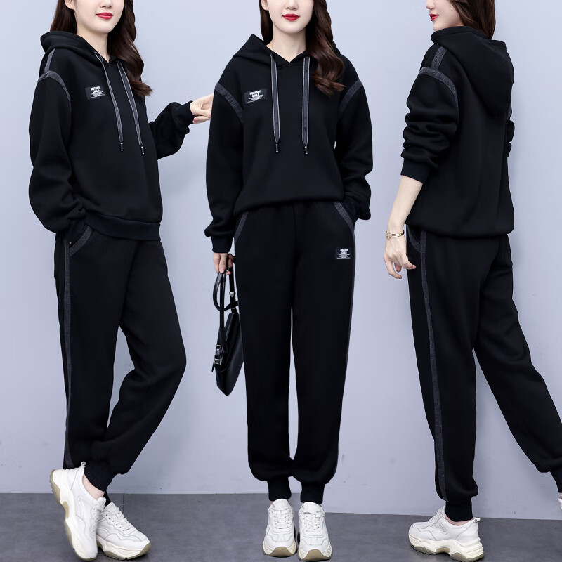 品汇菲（PINHUIFEI）大码女装牛仔套装秋冬卫衣加肥显瘦胖mm时尚高端大气休闲两件套  黑色 常规 4XL 建议175-200斤