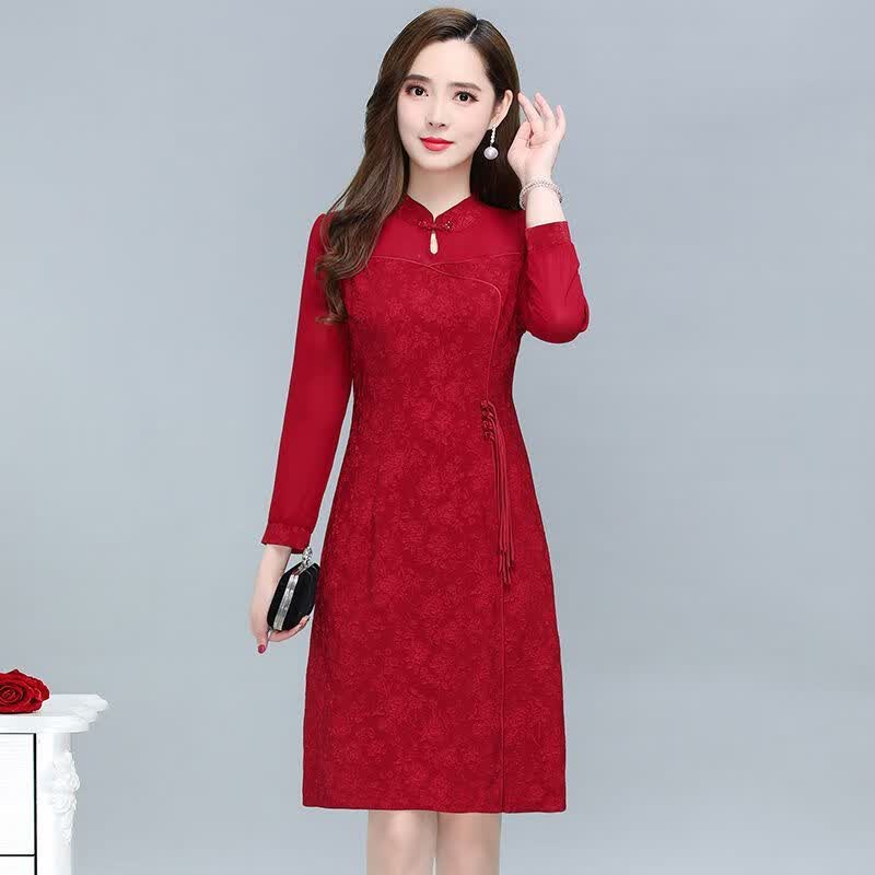 矮个子小个子中年妇女的连衣裙红色长袖连衣裙女秋2022新款时尚气质