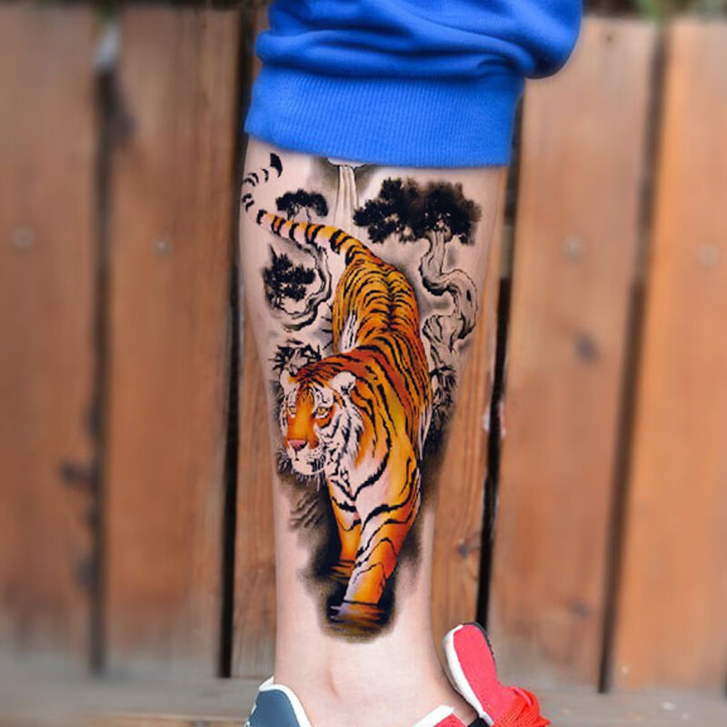 哦嘻啦松树下山老虎大图花臂花腿防水纹身贴男款个性社会人仿真刺青贴