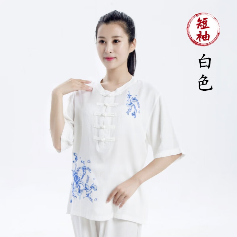 新款飘逸绣花太极服女刺绣夏季亚麻棉麻太极拳服装练功服短袖薄款