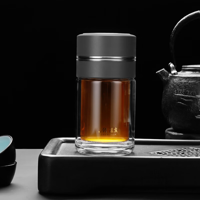 76 水杯玻璃杯泡茶杯茶水分离杯家用双层便携男士过滤泡茶杯随手杯 灰色 190ml