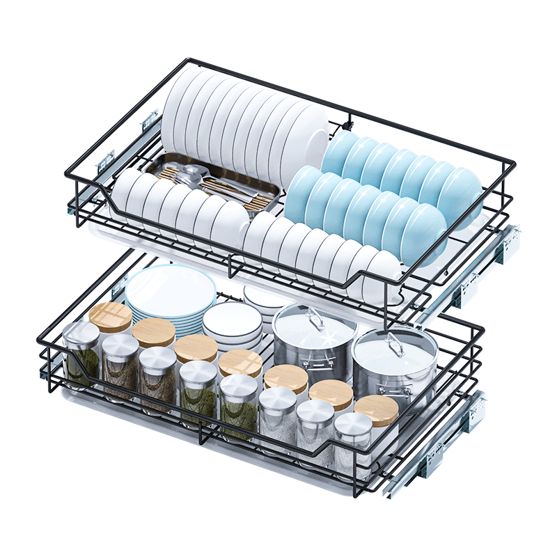 太和樱花加深拉篮304不锈钢厨房拉篮橱柜双层置物架碗架抽屉式碗碟篮拉蓝 升级纳米黑加深800柜体-不锈钢轨