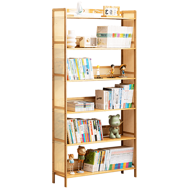 木马人家用简易书架落地图书馆客厅卧室办公室书房书柜多层飘窗储物收纳置物架子墙角立式窄柜绘本架展示架 【纯竹层板】六层90长(加高护栏)