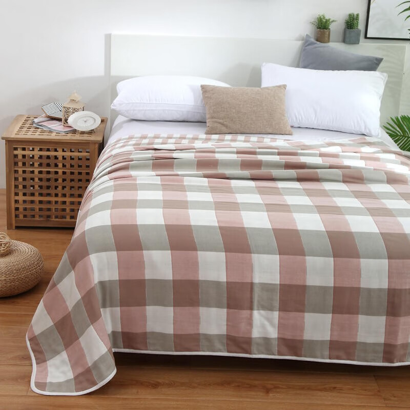 麦琪娜 全棉六层纱布毯子毛巾被夏凉被午休盖毯夏季被子空调被夏被 大格粉 90*100cm 婴儿毯