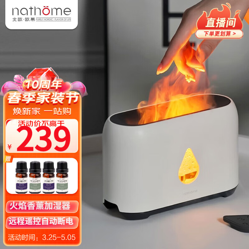 北欧欧慕（nathome） 香薰机仿真火焰加湿器卧室家用办公室夜灯桌面迷你低噪空气增湿机送好友礼物开学必备 冰川白 NJH18