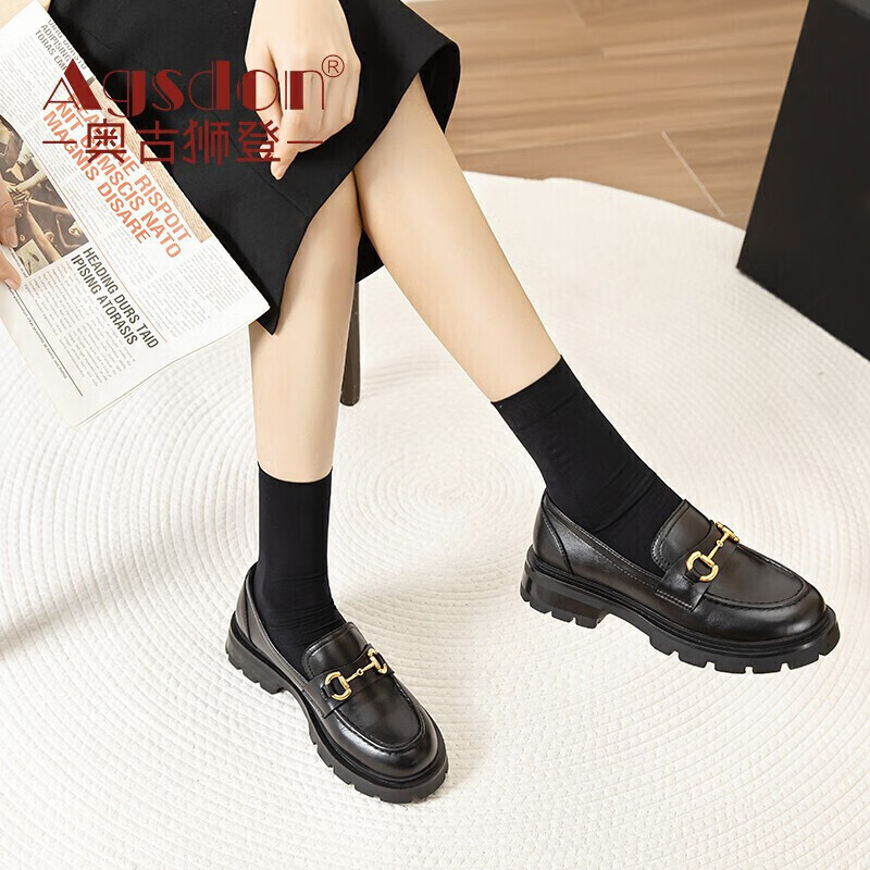 奥古狮登（Agsdon）单鞋女英伦风乐福鞋复古小皮鞋黑色厚底鞋jk女鞋子 513154 黑色 37