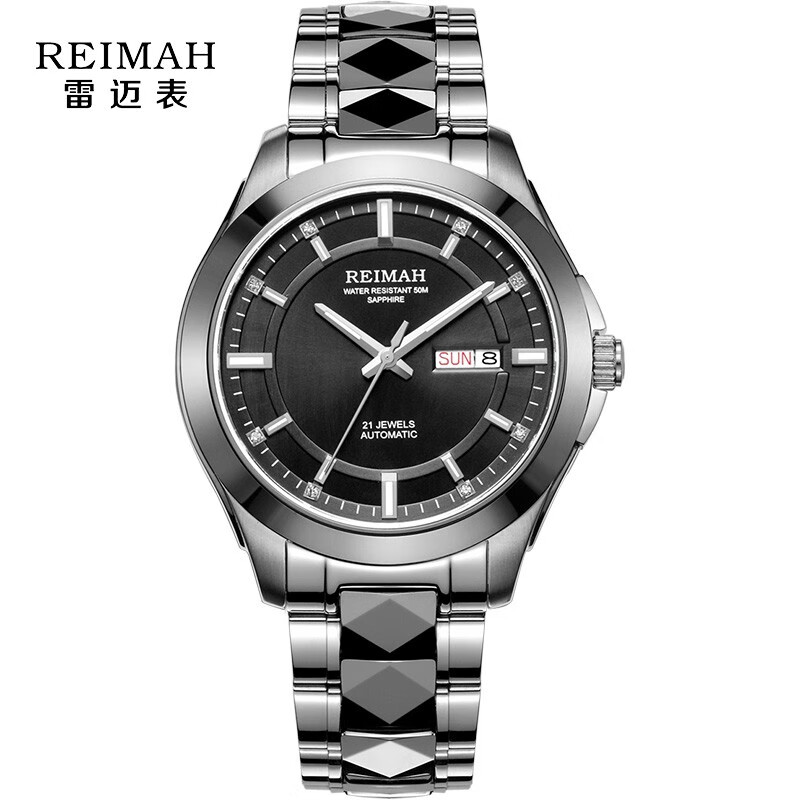 雷迈表(reimah)【送礼佳选】手表 乐章系列间钨钢带自动机械腕表男表