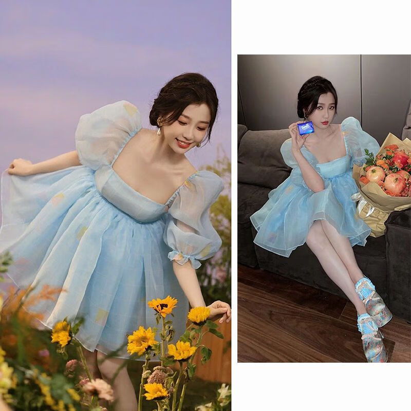 弧倩公主裙成人蓬蓬裙白色虞书欣超仙在逃公主蓬蓬海边度假风初恋蓝底