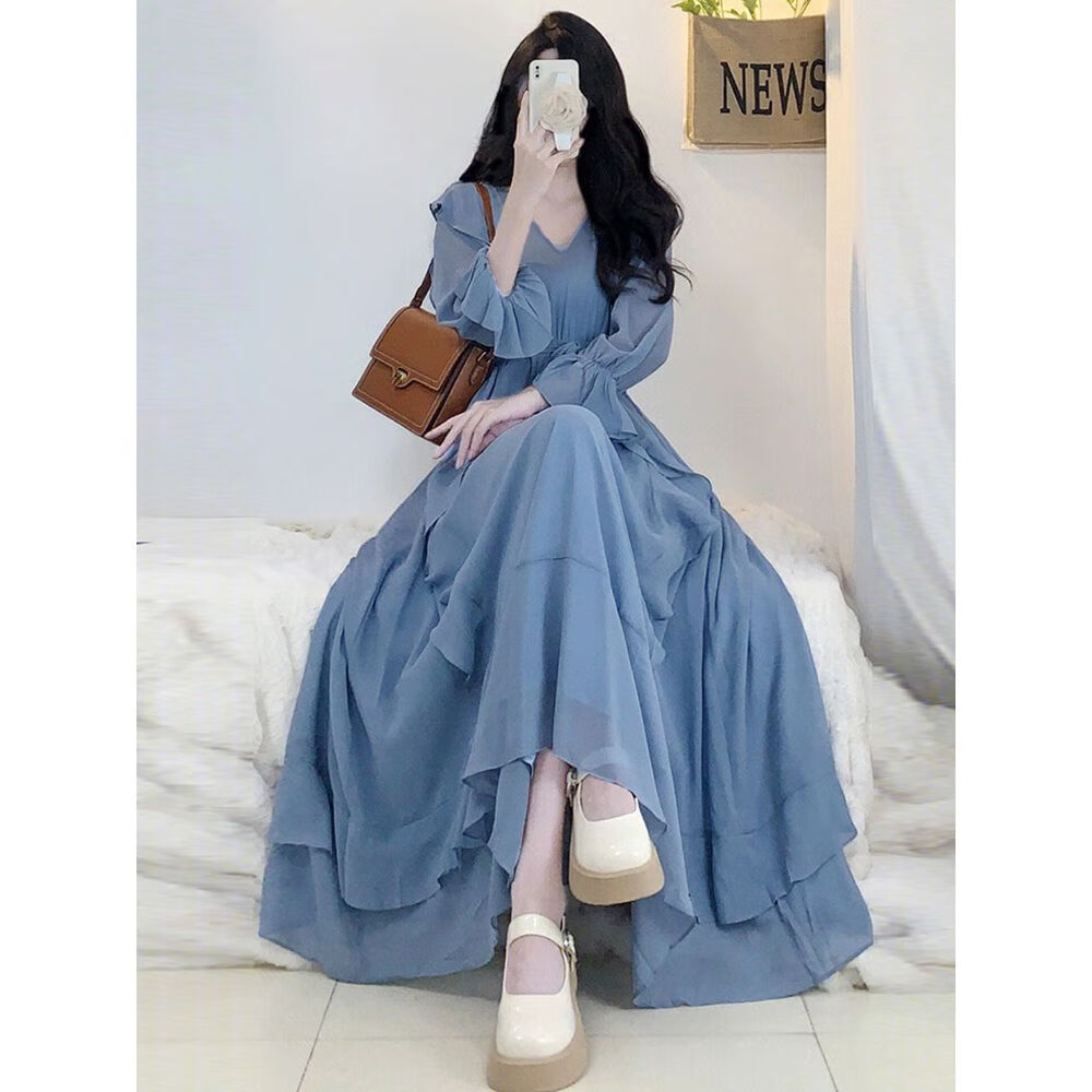 jianmi 茧蜜广州高端女装夏季蓝色长袖连衣裙早春季新款气质名媛显瘦