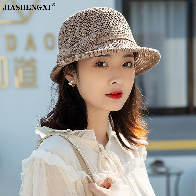JIASHENGXI 帽子女夏季薄款遮陽防曬太陽帽日系百搭時尚新款顯臉小漁夫帽 亞麻色 均碼 56-58