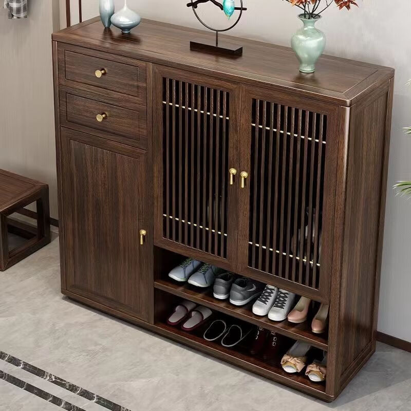 古墨匠新中式乌金木实木鞋柜岩板对开鞋柜家用入户玄关柜多功能储物