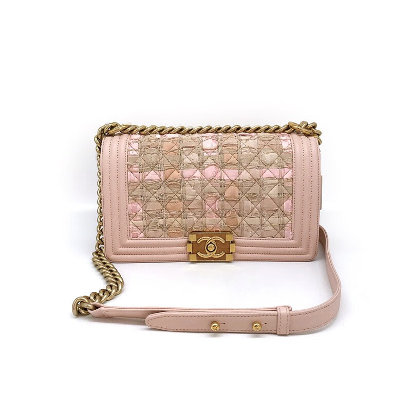 【二手95新】香奈儿粉色金链毛呢中号leboy单肩斜挎包 23开,尺寸:15*