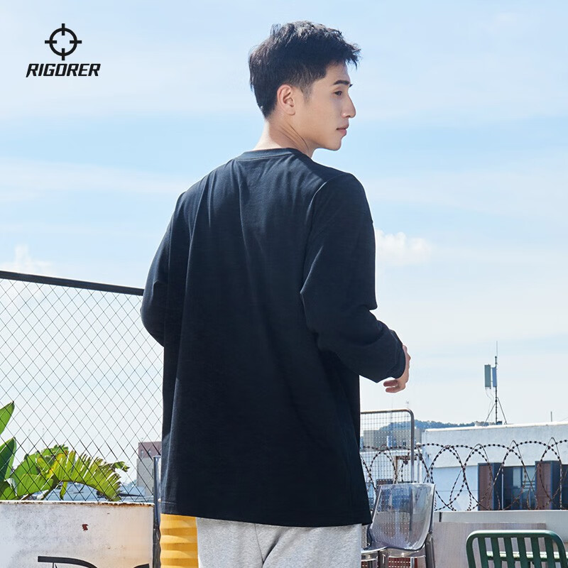 准者斗法长袖T恤男士春冬新款美式篮球运动卫衣潮流刺绣纯棉透气上衣 纯正黑(尺码偏大拍小一码) 刺绣款 XL