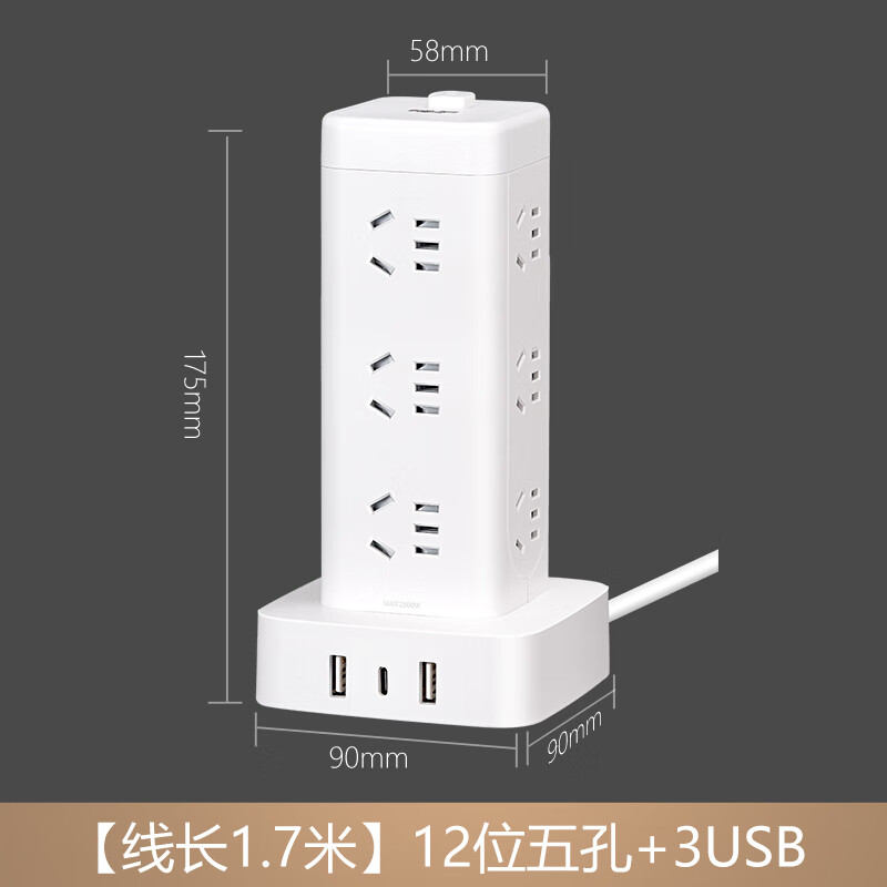 德力西(DELIXI)立式插座/插排/排插/插线板/插板/接线板/拖线板H-DK12X2A1CG总控1.7米过载保护USB+TYPE-C