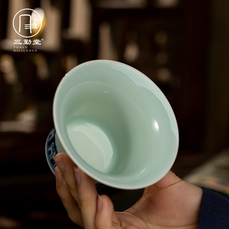 三勤堂手绘釉下青花宝相三才马蹄泡茶盖碗景德镇陶瓷功夫茶具茶碗家用 宝相纹马蹄盖碗（特级品）