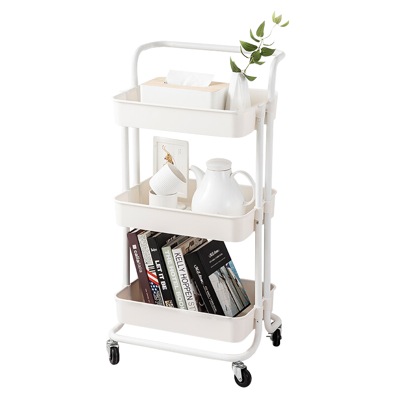 比新 BIX 厨房置物架落地可移动小推车调料瓶收纳架蔬菜零食美容储物架 白色三层  BX-Z1101W-J