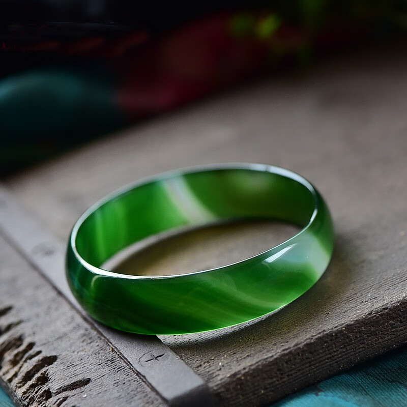 天然墨绿玛瑙手镯 绿玉髓手镯 深绿宽镯女饰品 56mm-57mm