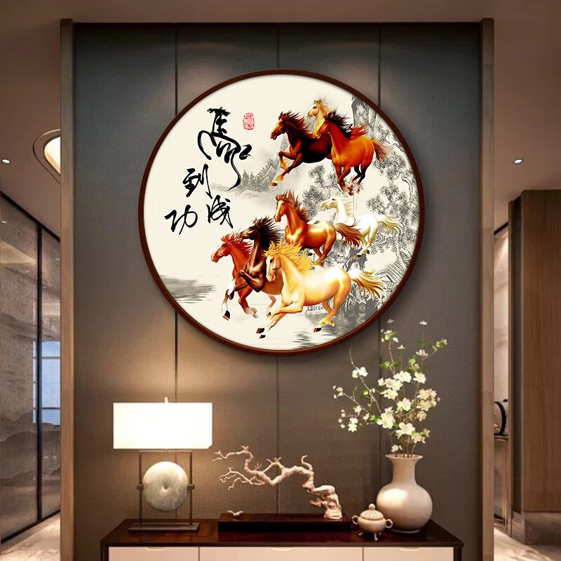 马到成功八匹马墙壁画骏马图 1马到成功 4040cm红木色实木框油画布