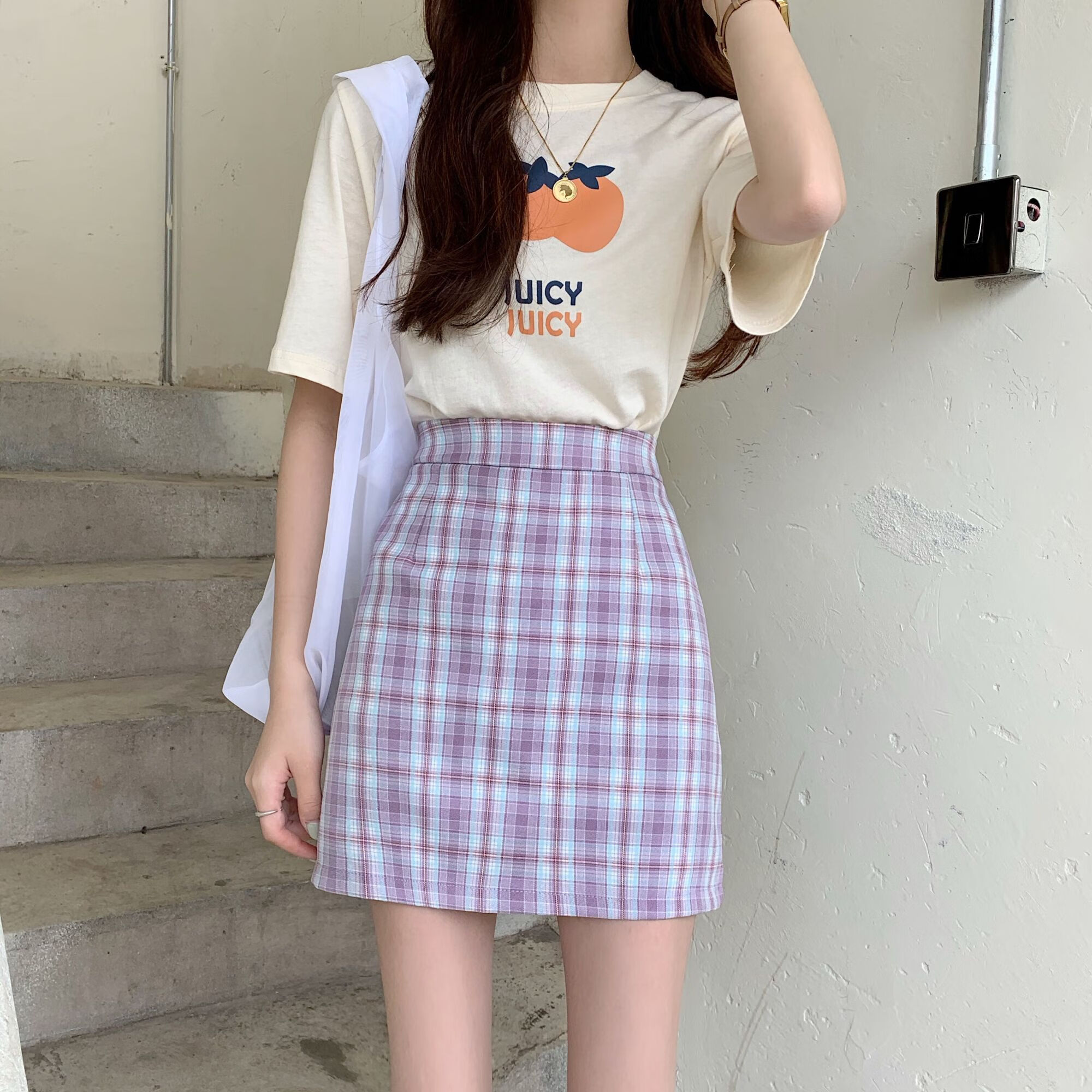 lanweifeilei春夏新款jk紫色学院风少女感半身裙包臀裙a字格子短裙