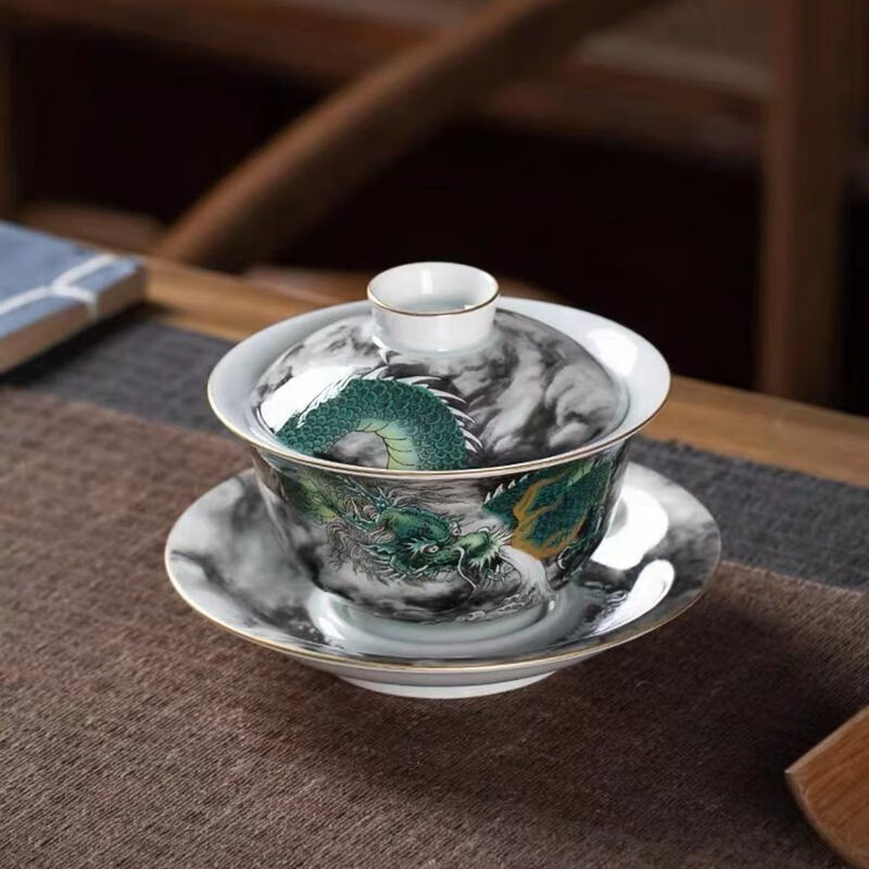 景德镇陶瓷茶具霸气手工功夫龙盖碗家用不烫手带描金可悬挂带礼盒 白