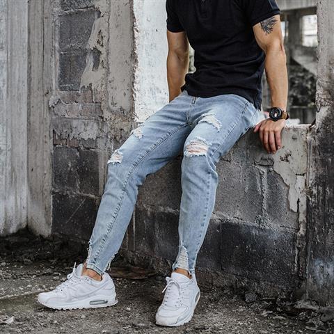宁墅年轻小伙子穿的个性破洞牛仔九分裤破洞牛仔裤男乞丐修身 牛仔蓝