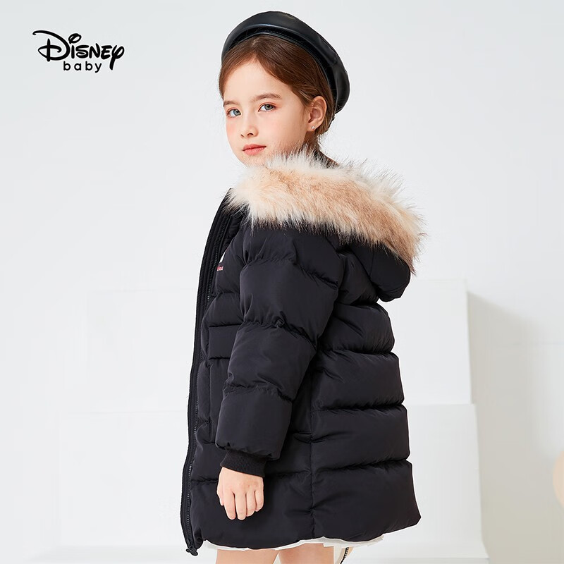迪士尼 Disney 童装儿童女童中长款毛领羽绒服宝宝保暖加厚棉服外套2020冬 DB041KA36 碳黑 120cm