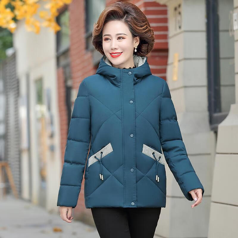 纤晟伊女棉服冬装外套新款棉衣中年秋冬加绒短款上衣棉袄 蓝色 xl