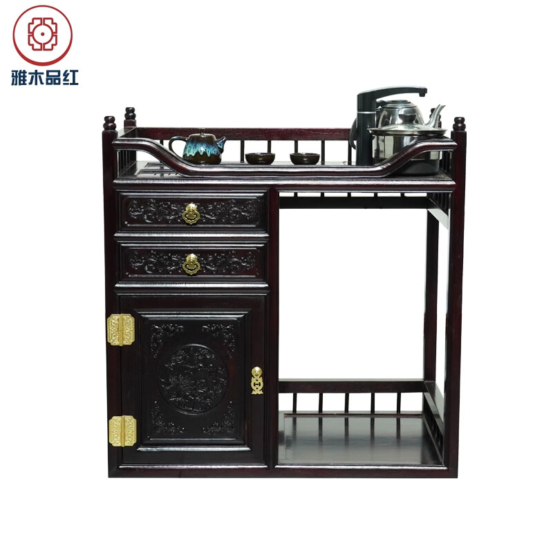 雅木品红红木家具血檀(学名:染料紫檀)小泡茶桌实木新中式移动茶车