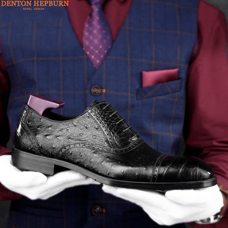DENTON HEPBURN轻奢品牌皮鞋男2022年新款手工皮鞋鳄鱼纹英伦时尚百搭商务正装皮鞋 黑色 38