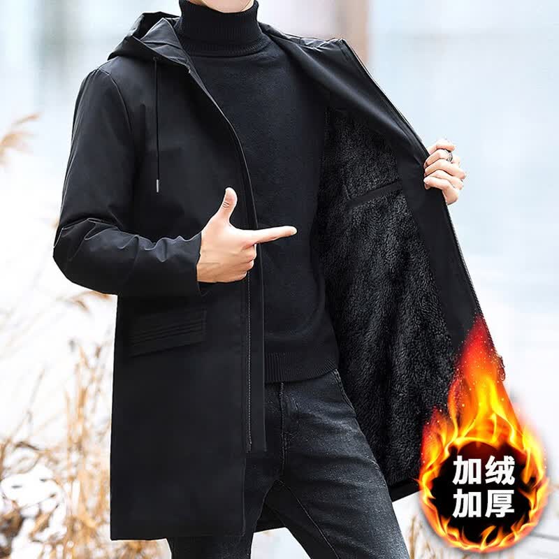 卡尔仕大码男装风衣男胖子中长款夹克外套春秋潮流加绒加厚夹棉棉衣冬显 黑色【加绒】 3XL（150-165斤）怎么看?