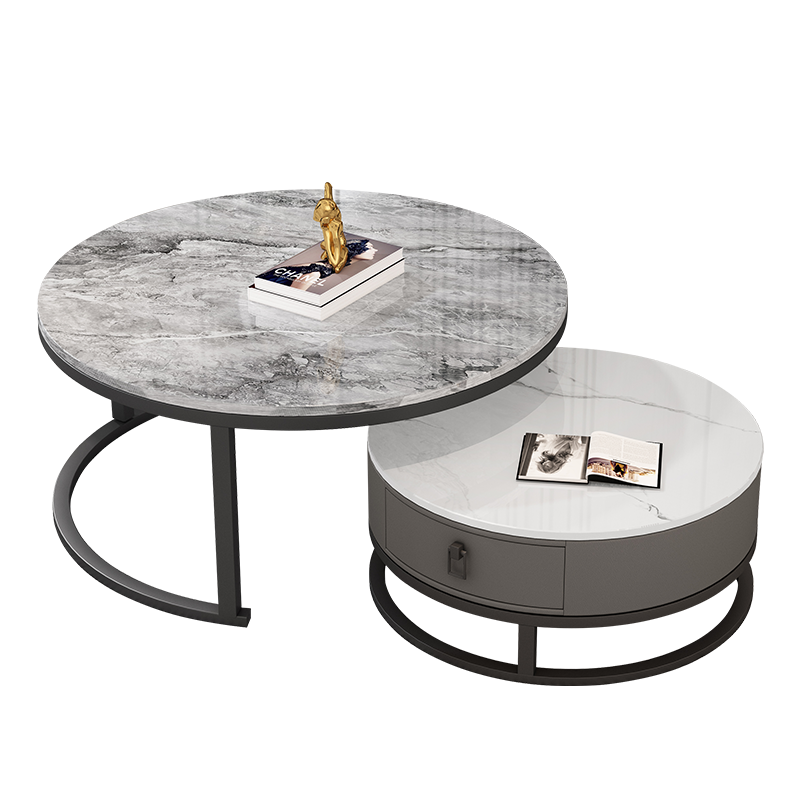 凡社 圆形茶几轻奢简约北欧客厅岩板组合小桌子皮质软包茶几桌 加厚9mm岩板 摩卡白卡其灰FCY7050C