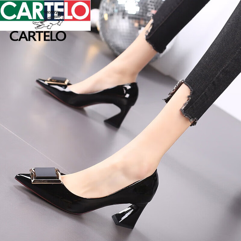 品牌女鞋夏季2022尖头浅口单鞋女百搭中跟粗跟时尚真皮软底高跟鞋