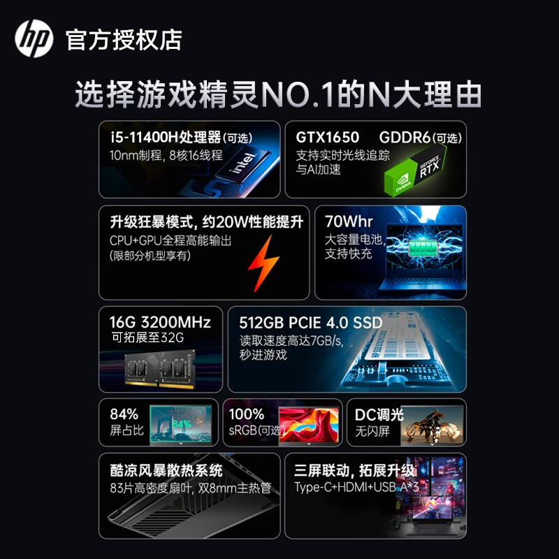 惠普（HP）暗影精灵7Plus 游戏本 16.1英寸暗夜光影RTX30系电竞吃鸡学生笔记本电脑 【游戏No.1】六核i5/1650电竞显卡/高色域 【高配版】16G/512G PCIE固态