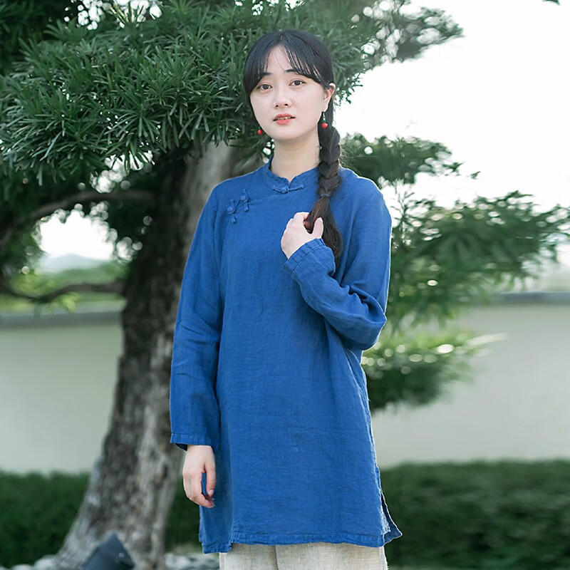 知筆墨 复古亚麻靛蓝中国风盘扣亚麻长袖衬衫 素雅禅修服茶人蓝染上衣