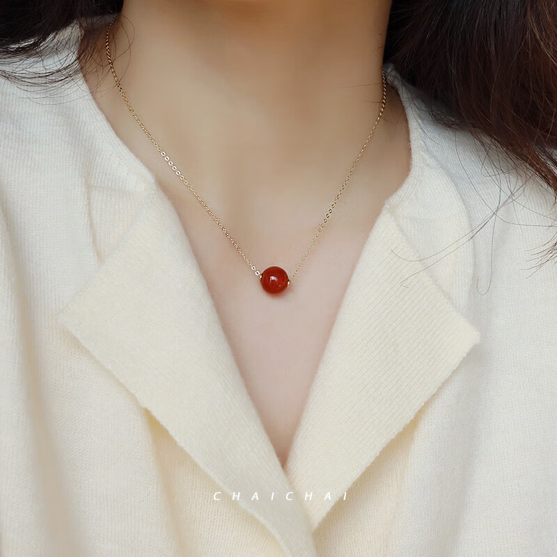 项链水晶红吊坠锁骨链红色转运珠新年礼物 小珠链长40 4cm 红玛瑙10mm