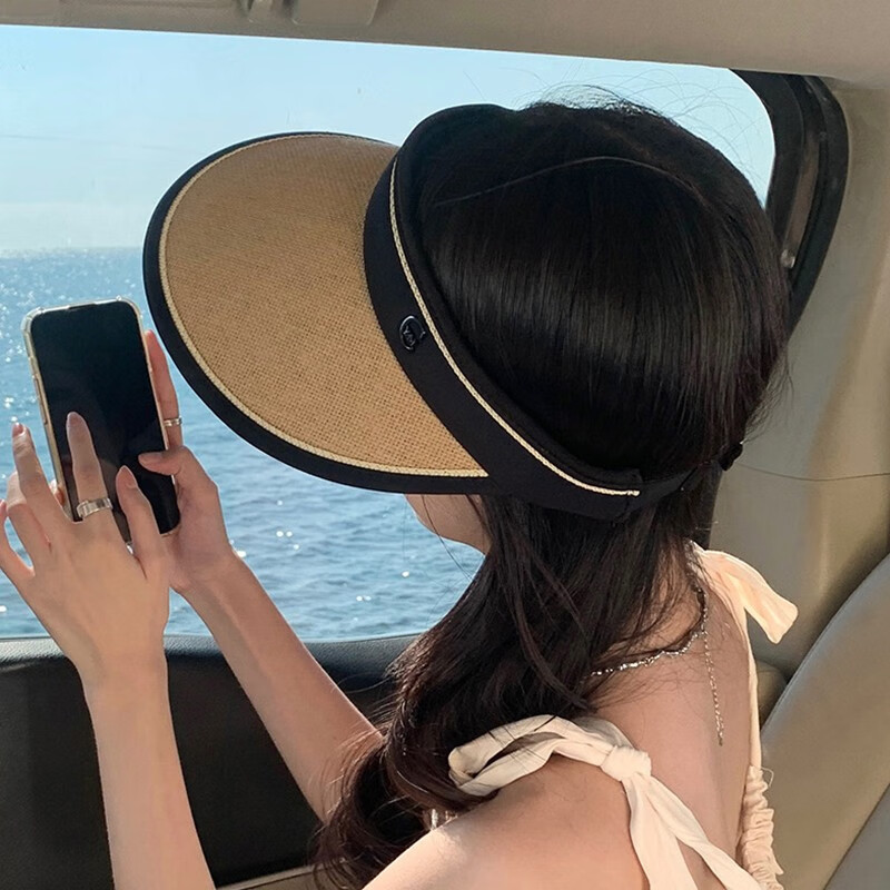 达芬奇密码草编黑胶大檐防晒空顶帽 女遮阳帽户外防晒太阳帽 卡其