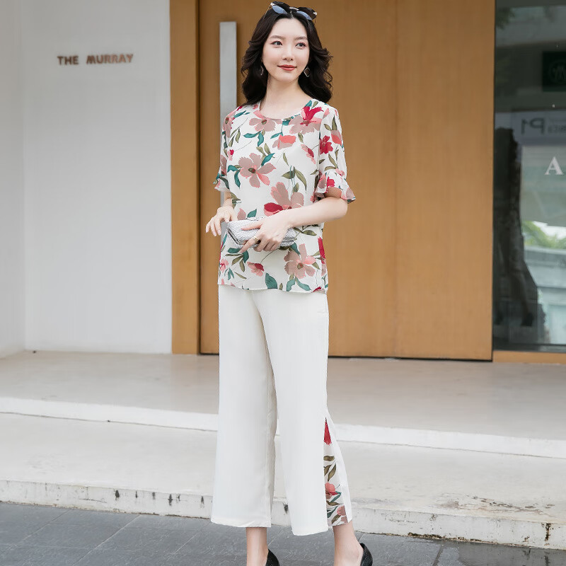 祈珏剪标款大码女装中年胖妈妈雪纺套装上衣 裤子 杏色一套 l