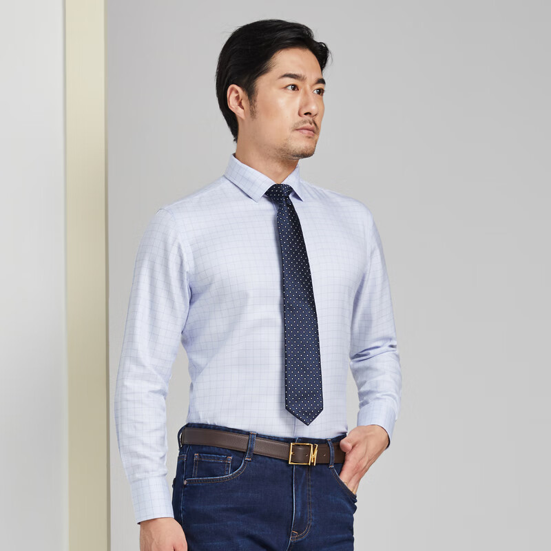 MAYOR男装 ALUMO全棉免烫商务蓝色格子长袖衬衫 蓝色 2XL 180/100A