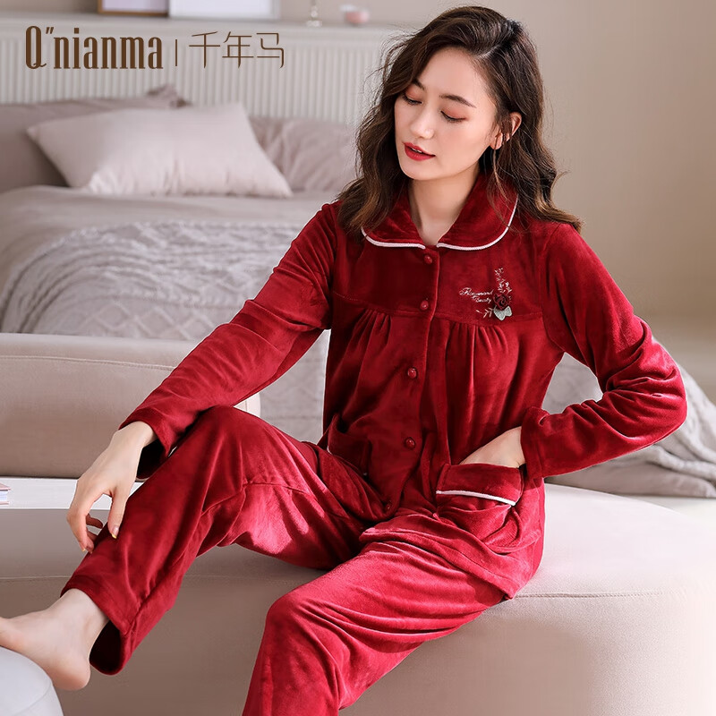 千年馬珊瑚絨睡衣女春秋冬季媽媽加厚海島絨家居服法蘭絨薄款中老年套裝 67179酒紅色 160(M):建議體重85-105斤